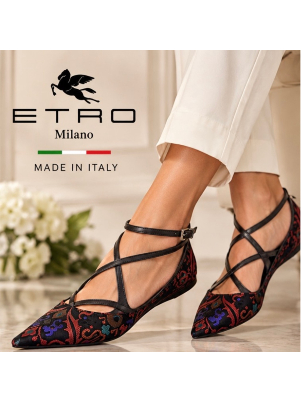 Etro Pointed Toe Flats Size 37.5/7.5 Black Multi-color Paisley Patterned Shoes